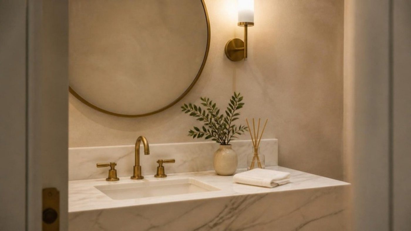A powder room with a honed marble vanity, brass taps and a glass reed diffuser