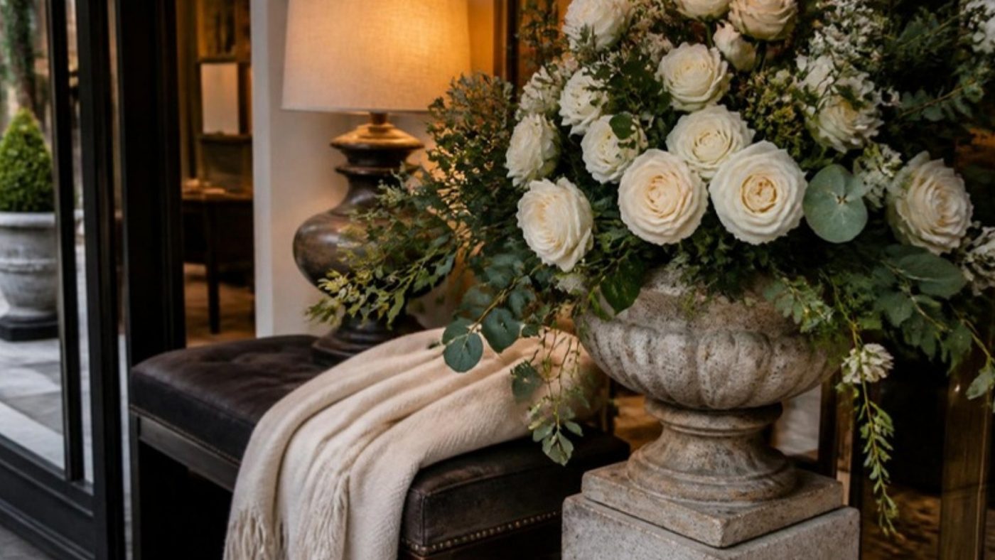 White garden roses in a stone urn by a lamp-lit boutique entrance