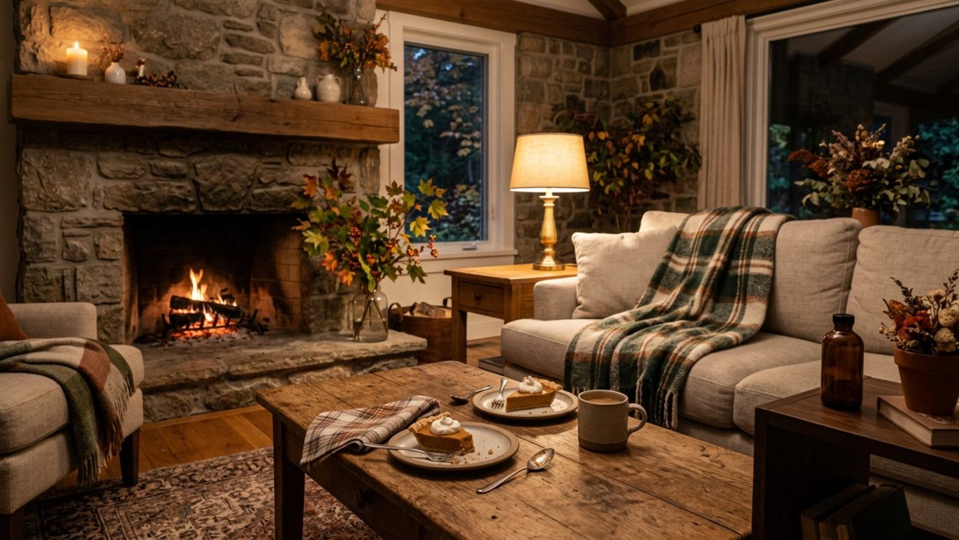 A living room after dinner: a low fire, pumpkin pie on stoneware, a wool throw on a linen sofa