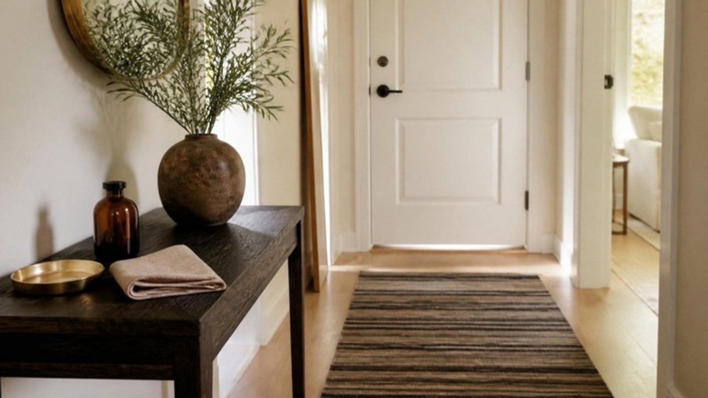 A condo entry with a dark oak console, an amber bottle and a striped runner