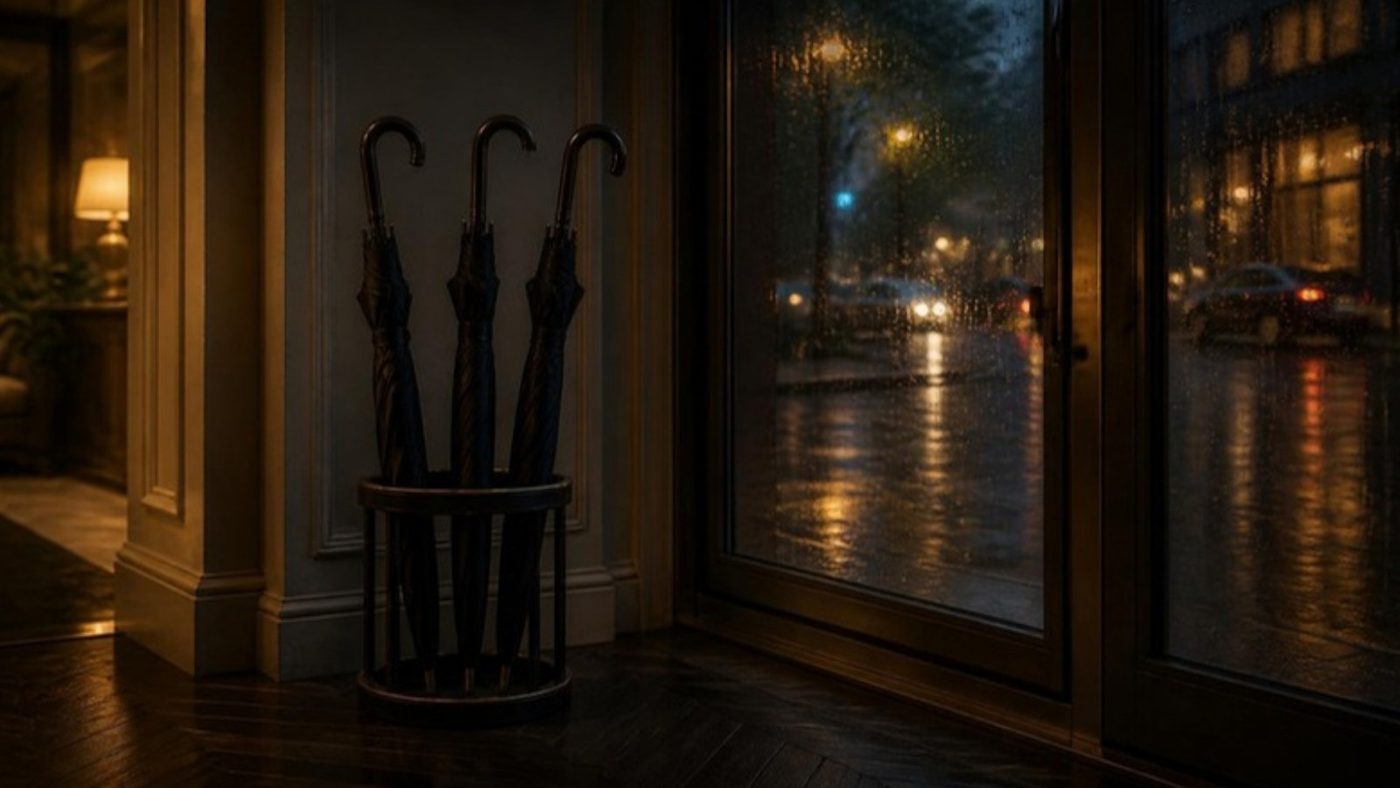 Black umbrellas by a glass front door on a rainy evening