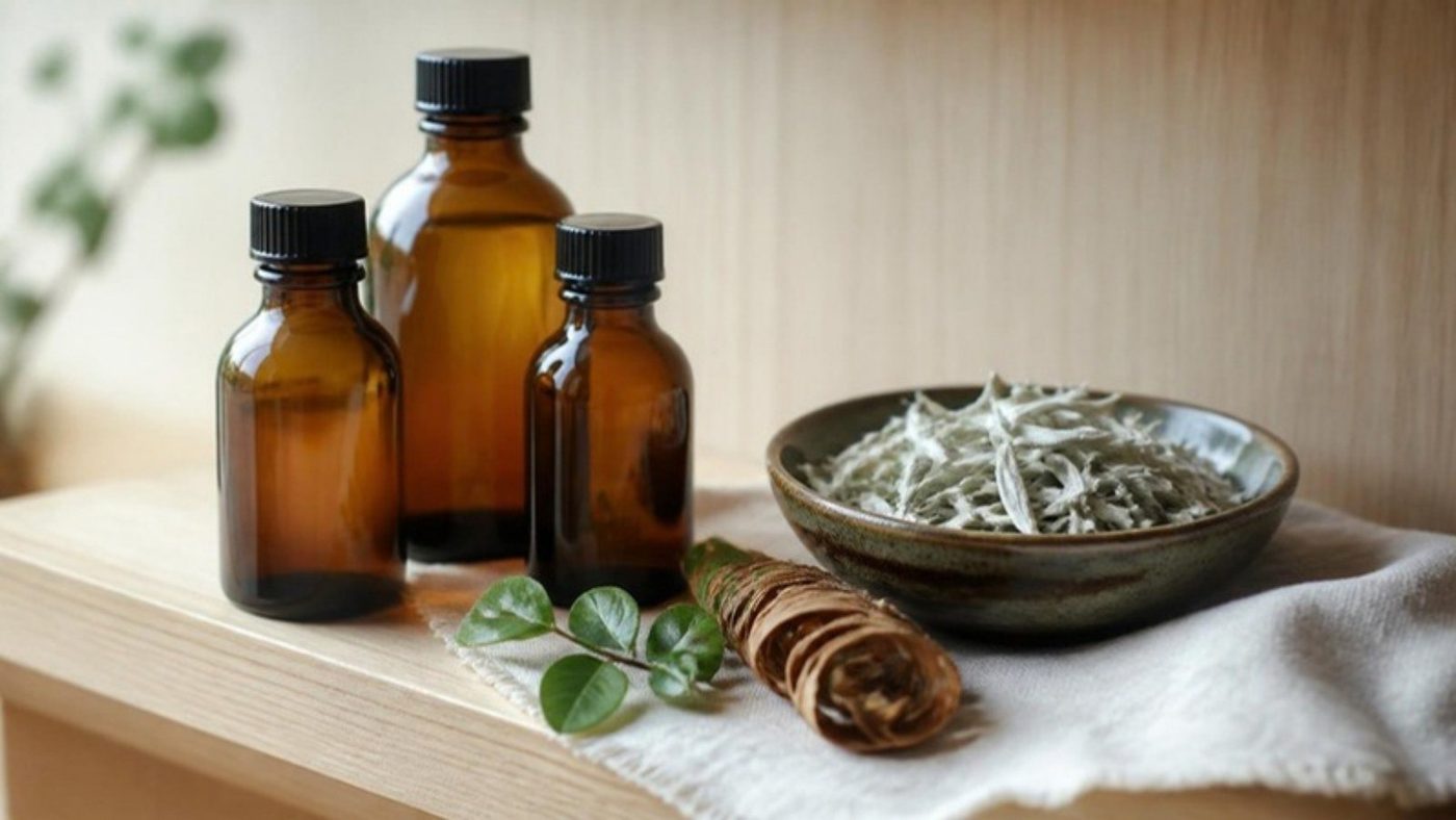 Three amber bottles on an oak shelf beside loose white tea and a curl of cedar