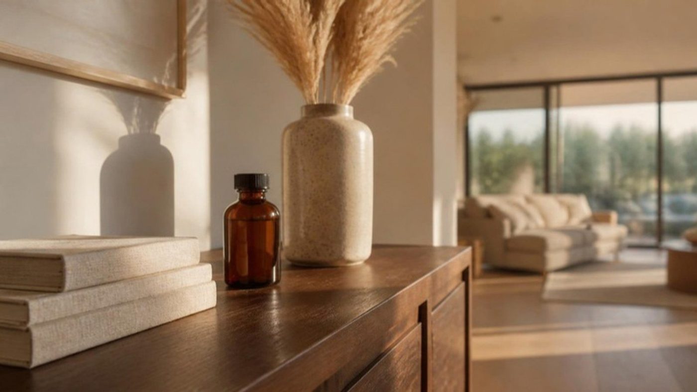 A walnut sideboard with an amber bottle and pampas grass, an open living room behind