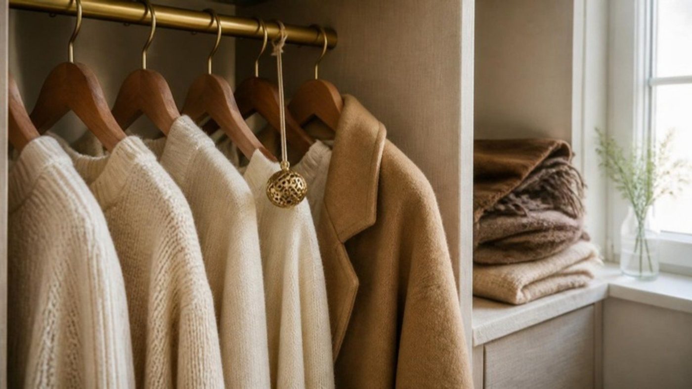 A wardrobe of cream knits with a gold pomander hanging from the rail