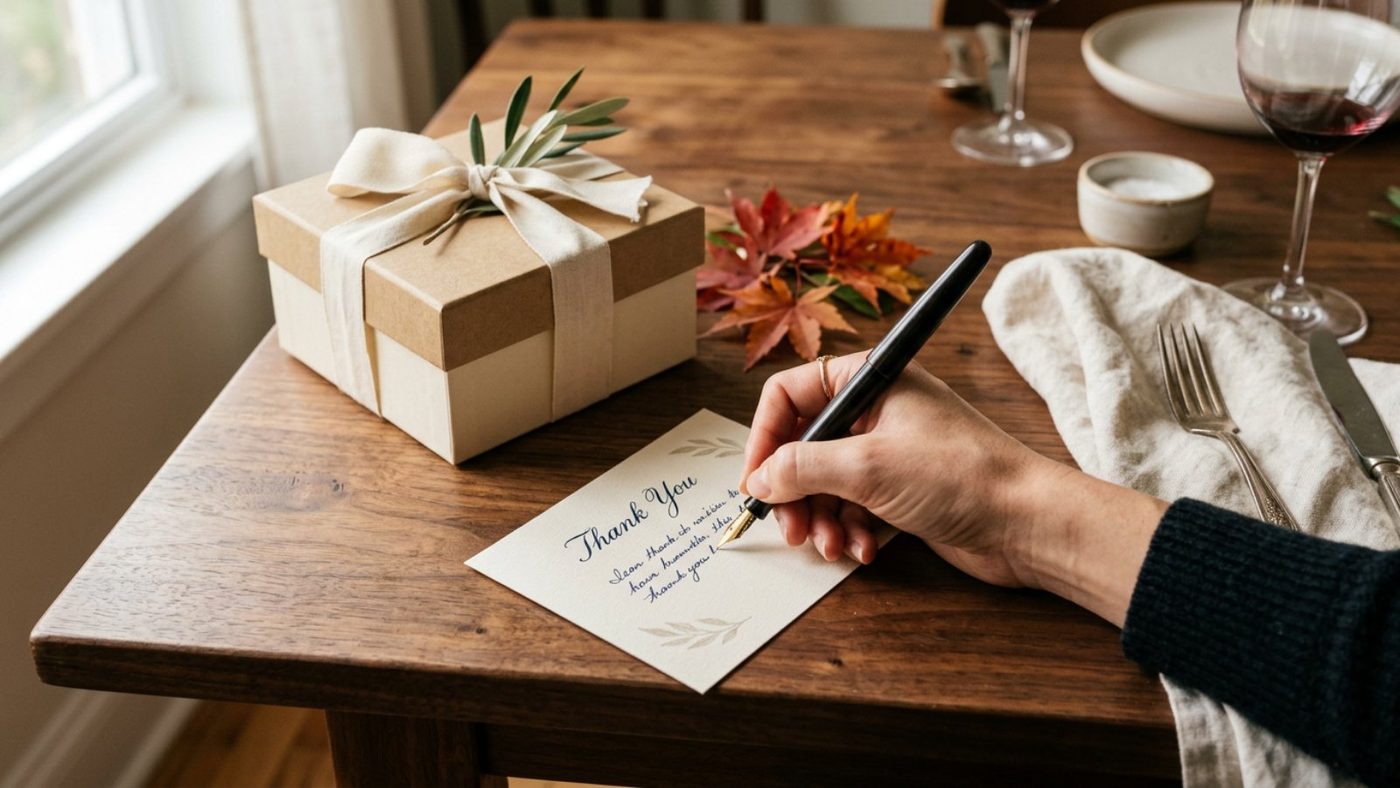 A thank-you card being written beside a ribbon-tied gift box and red maple leaves