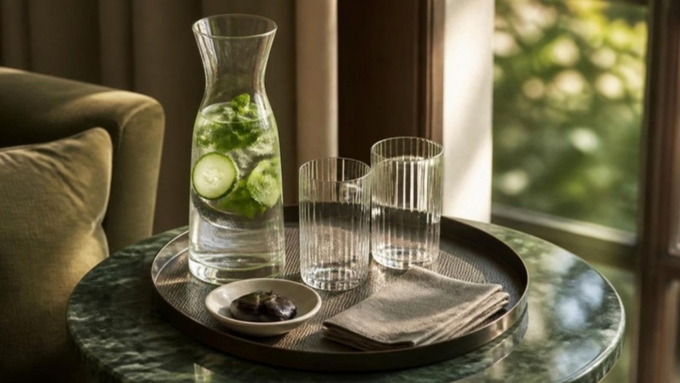 A carafe of cucumber water, glasses and chocolates on a green marble table