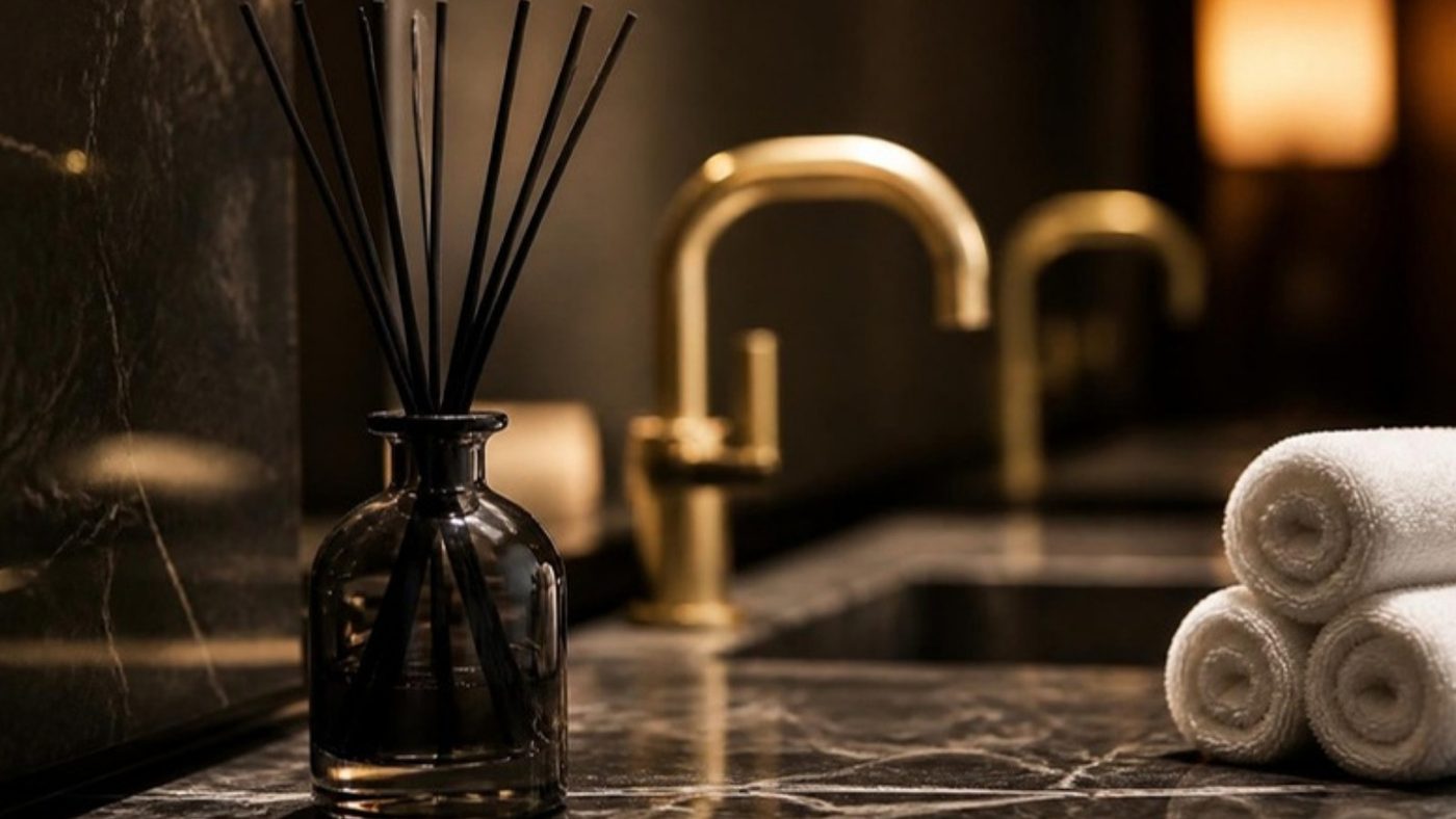 Black reeds in a smoked-glass vessel on a marble spa vanity beside rolled white towels