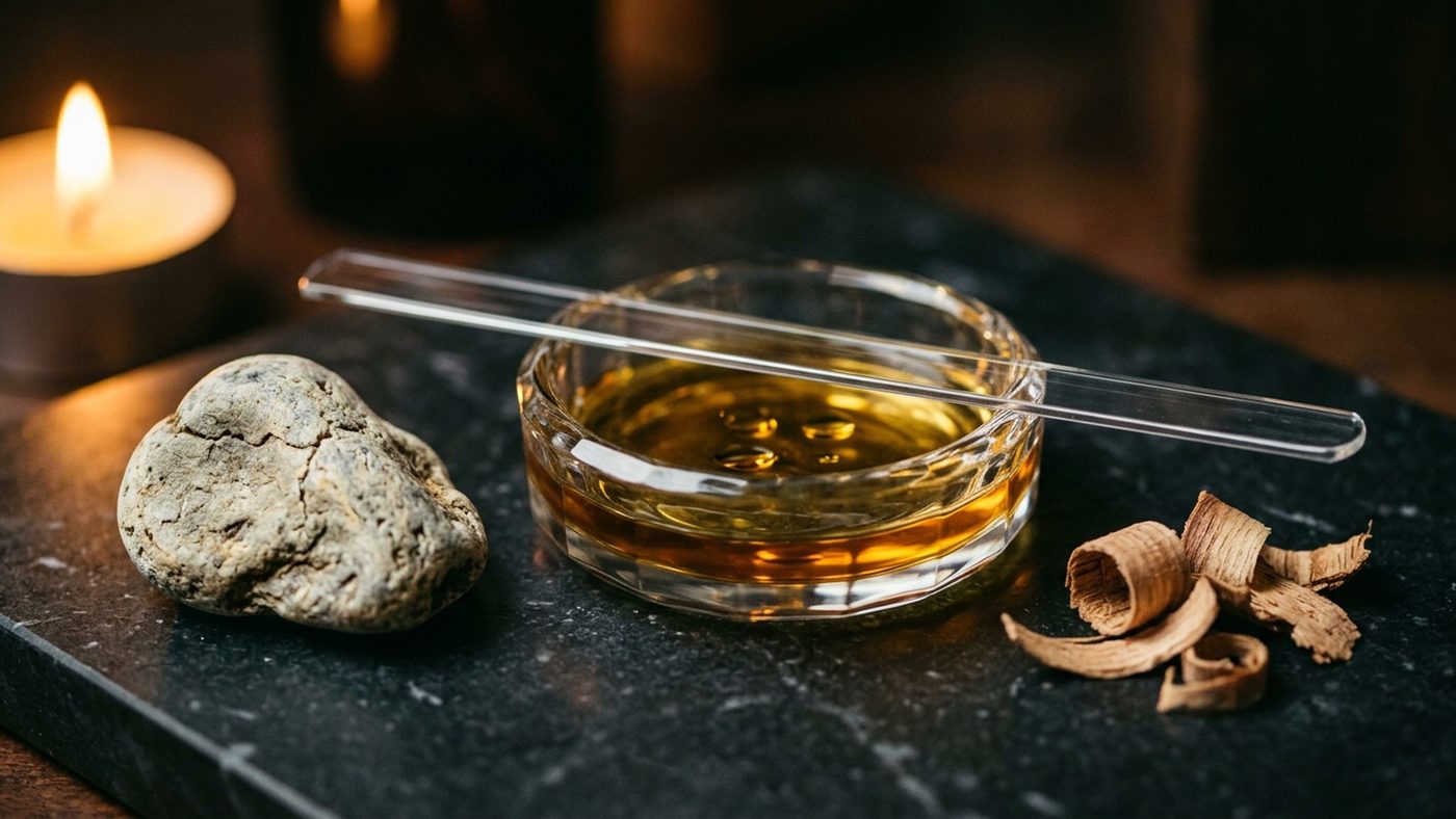 A small crystal dish of golden amber liquid with a glass stirring rod, beside a pale weathered piece of ambergris and curled cedar shavings on dark marble, lit by a candle.