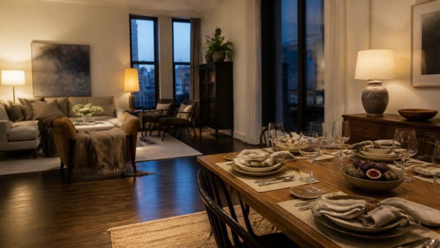 A living and dining room at dusk, lamps glowing, the table set for guests