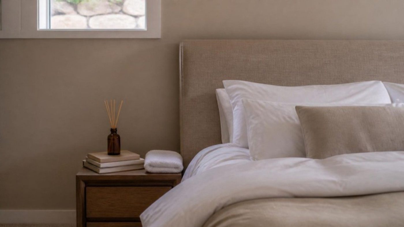 A basement guest room with white linen and a reed diffuser on the nightstand
