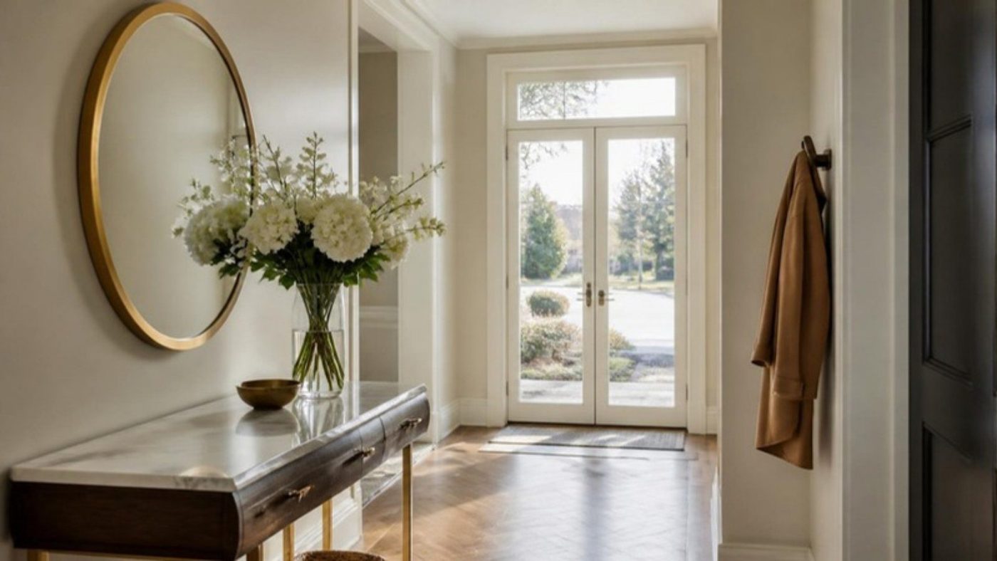 A hotel-style entryway with a marble console, white flowers and a round brass mirror