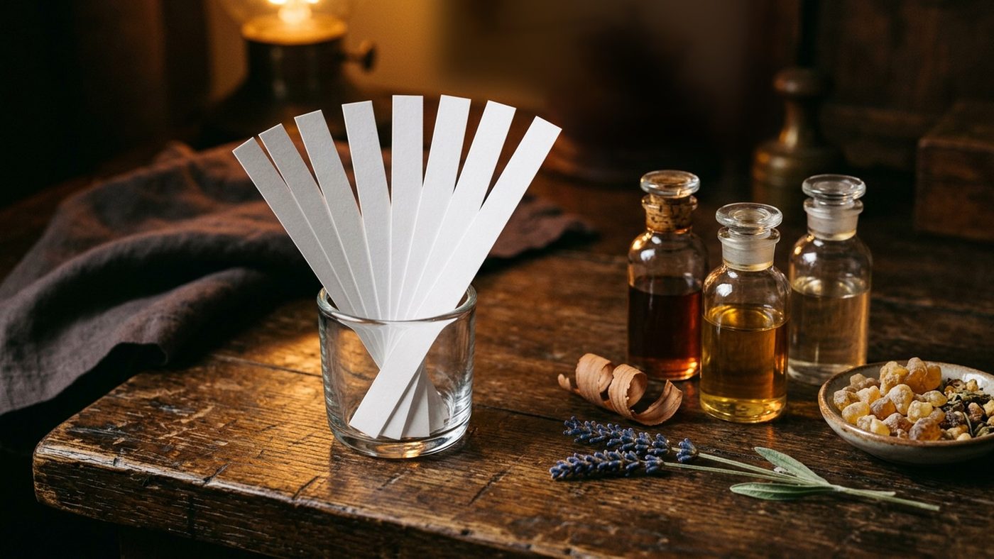 Fanned white perfume smelling strips in a clear glass tumbler on a weathered oak table, beside small glass bottles of amber and golden oils, a curl of cedar wood, dried lavender and a dish of amber resin tears in warm lamplight.