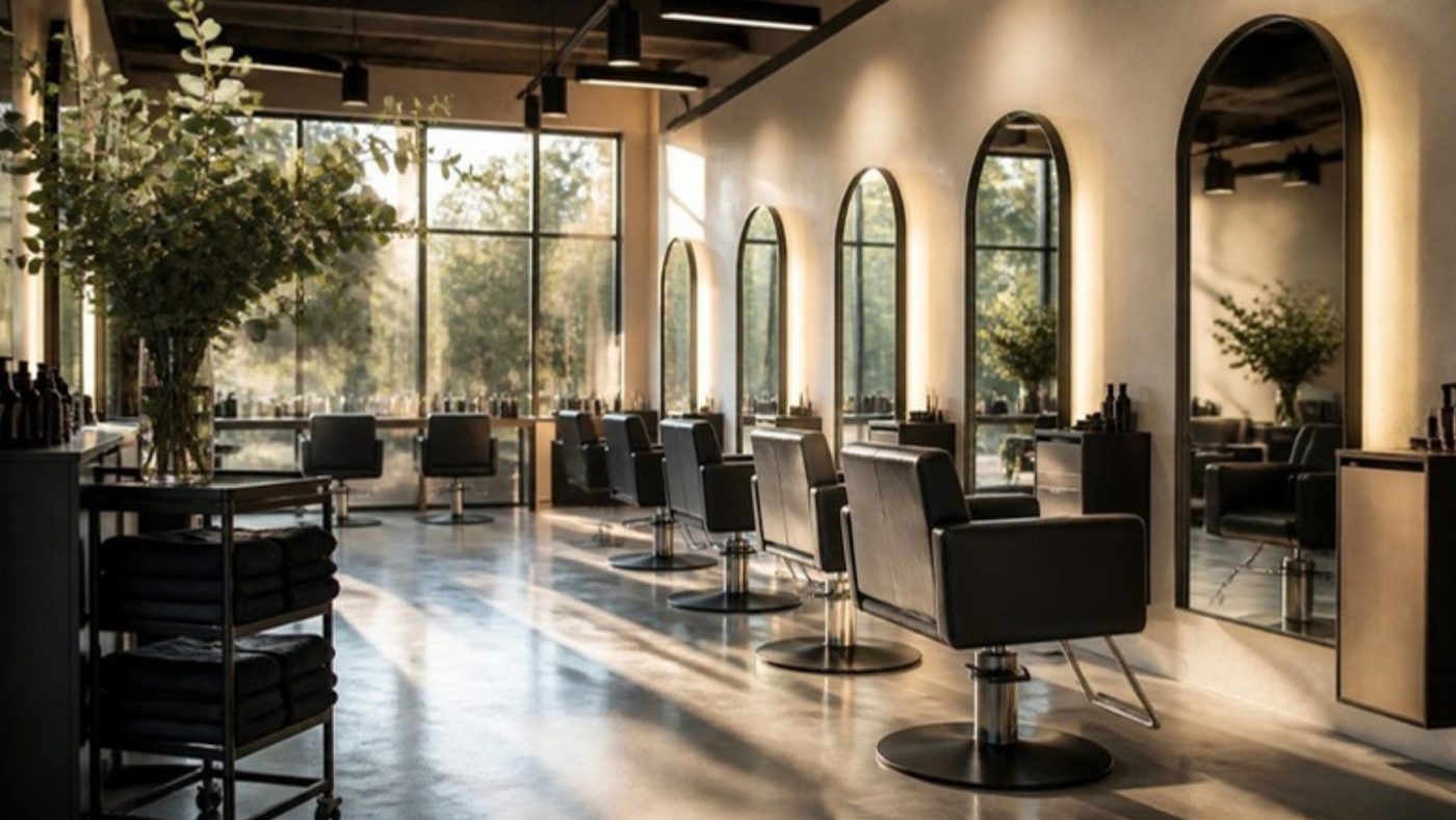 An empty salon at opening time, morning light across black styling chairs