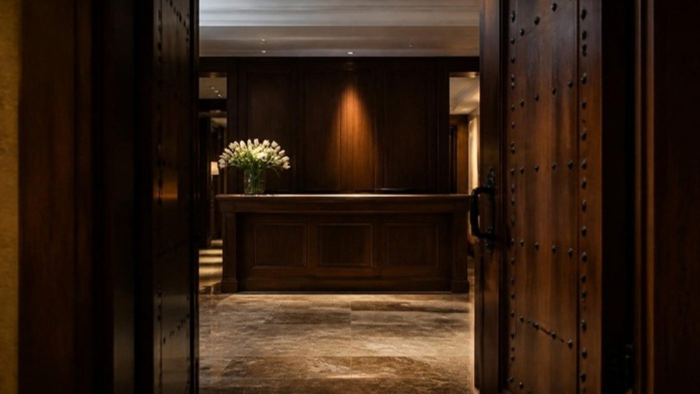The view from the front door toward a warmly lit reception desk
