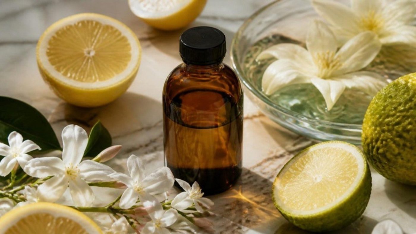 Halved lemons and bergamot, white jasmine and an amber bottle on pale marble