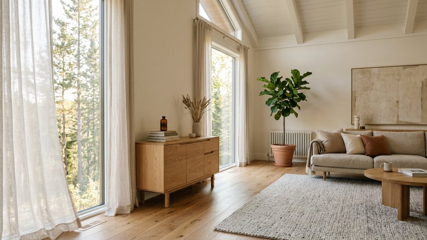 An airy living room with high ceilings, sheer curtains and an oak sideboard at waist height
