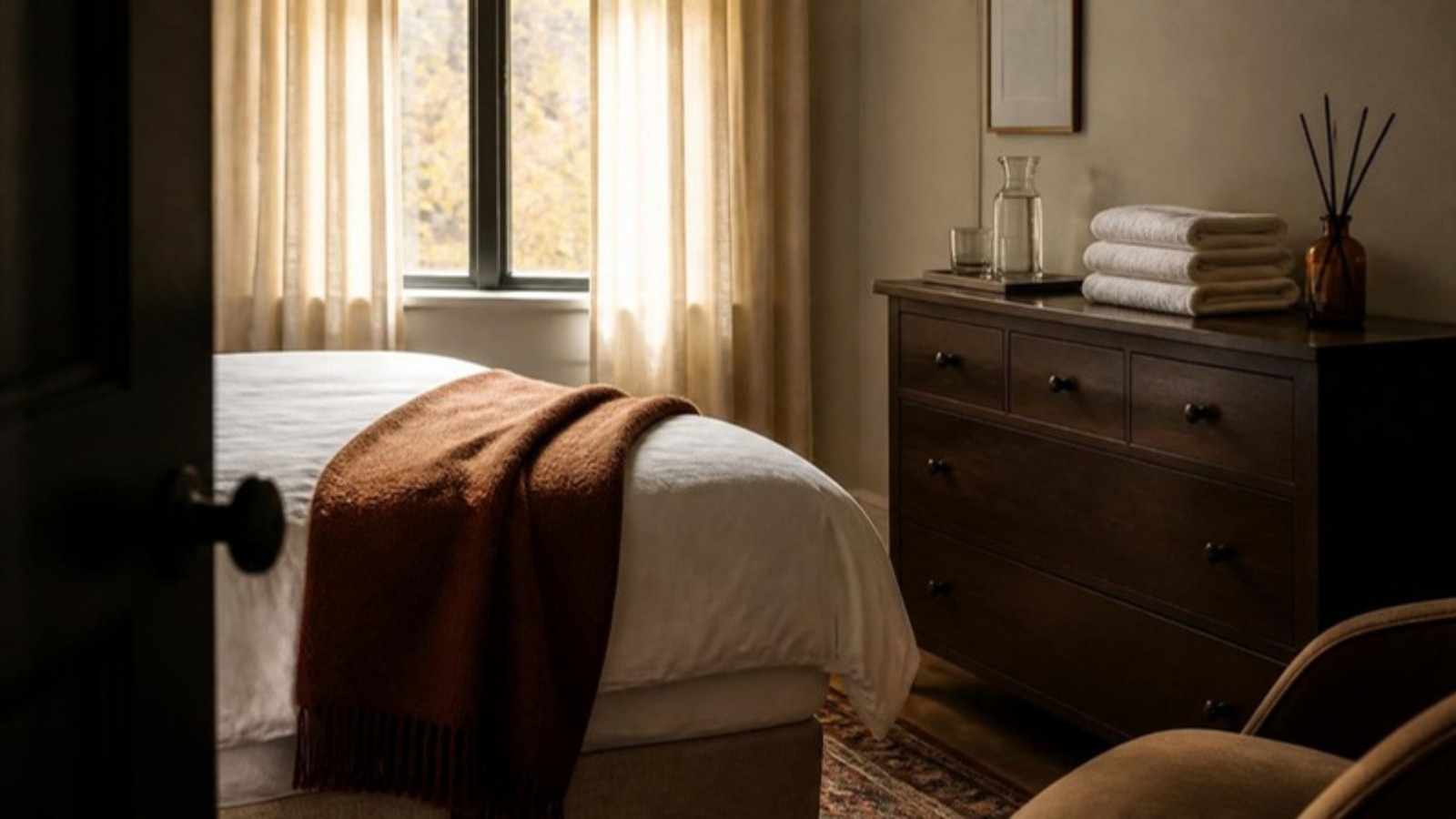 A calm guest bedroom prepared for overnight autumn visitors, white linen, a rust wool throw and a small amber bottle with black reeds on the dresser
