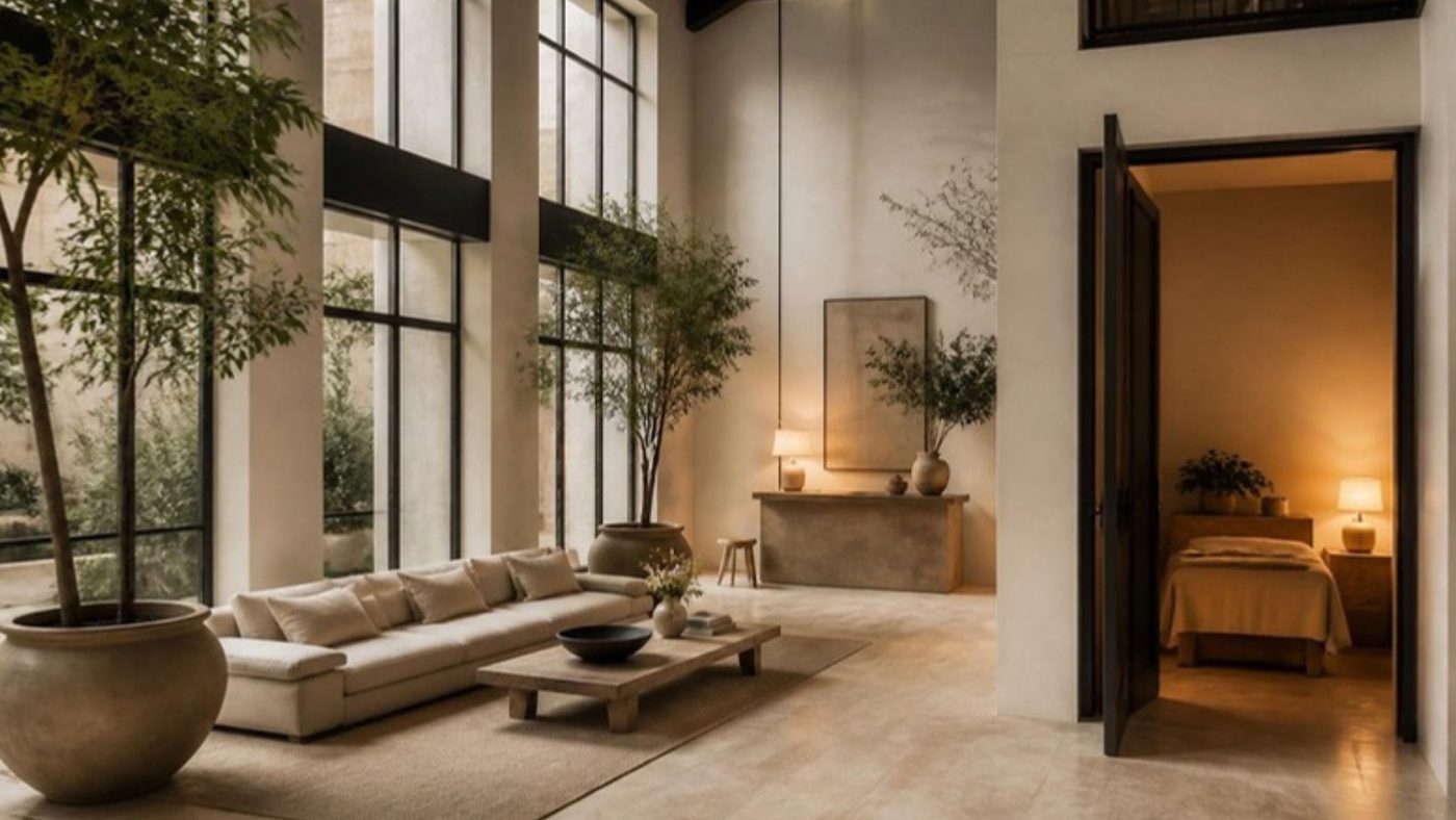 A double-height lobby opening onto a small, lamp-lit treatment room