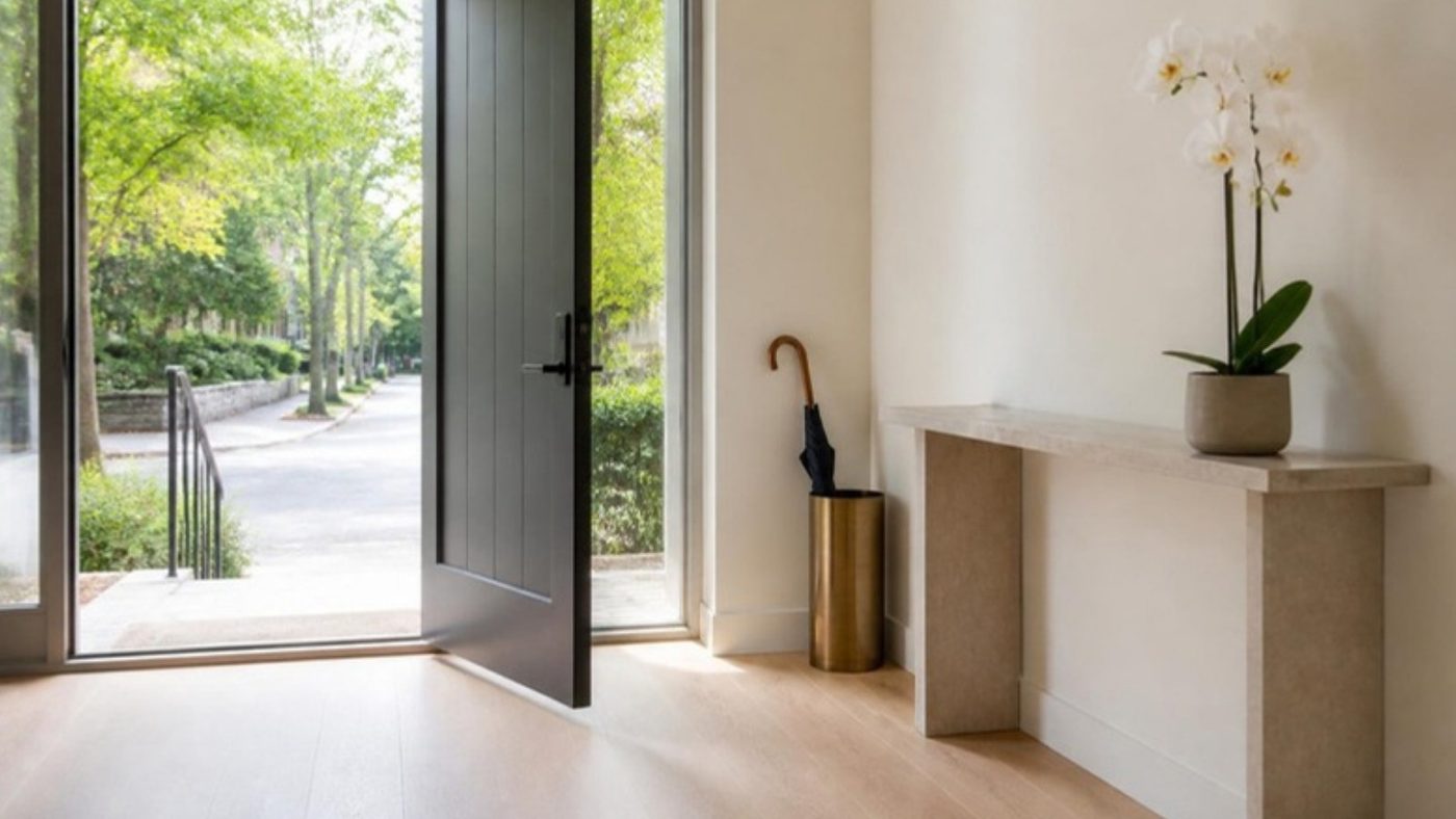 A bright studio foyer with the front door open to a leafy street