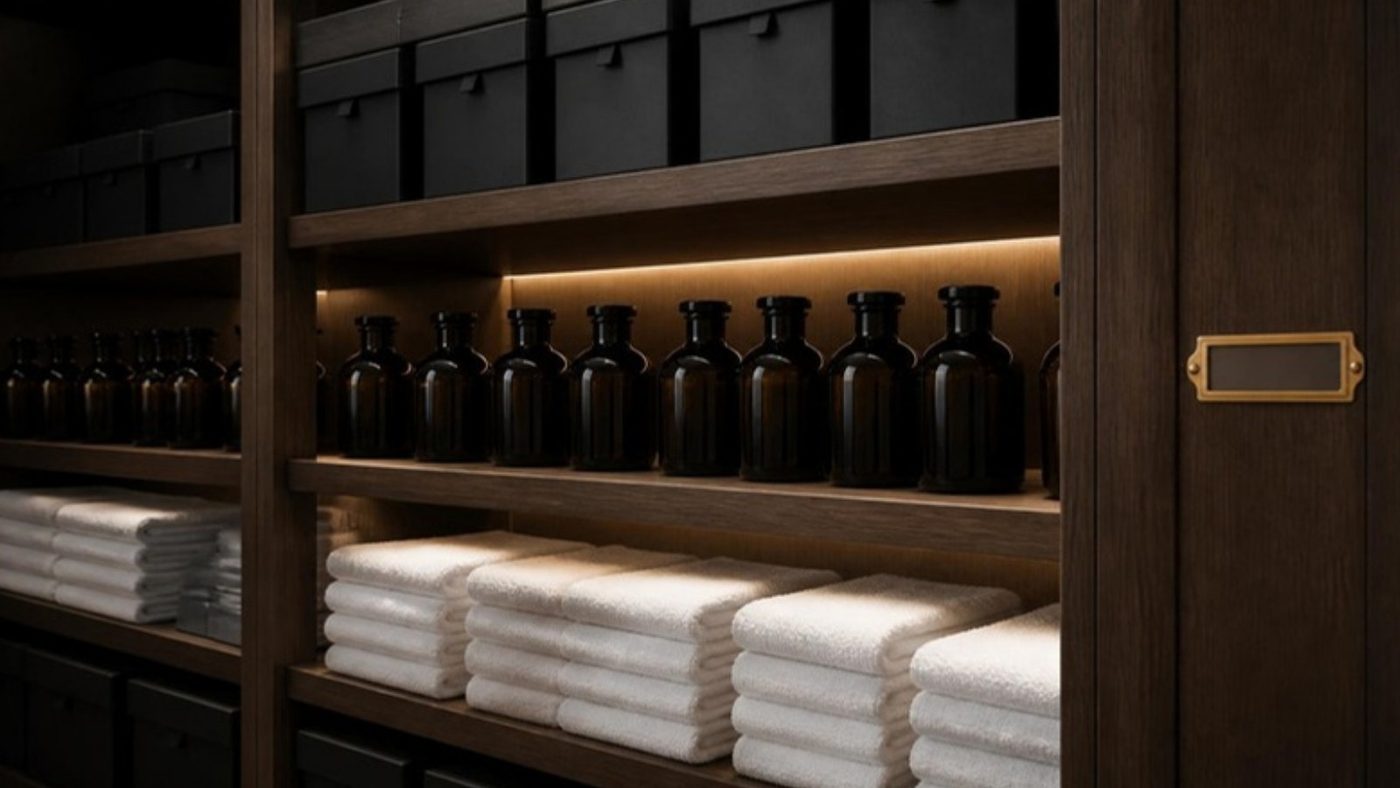 A back-of-house cupboard with matching black boxes, white towels and amber glass bottles