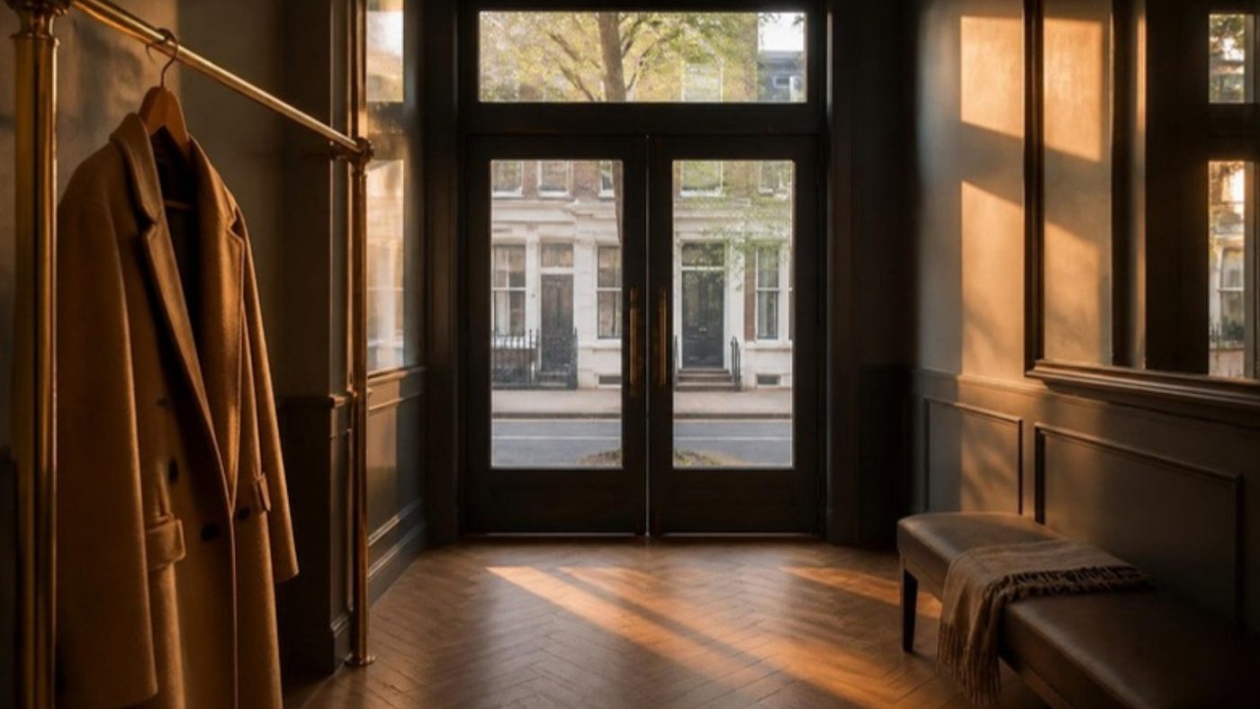 A boutique hotel entrance in late afternoon light, a wool coat on a brass rail