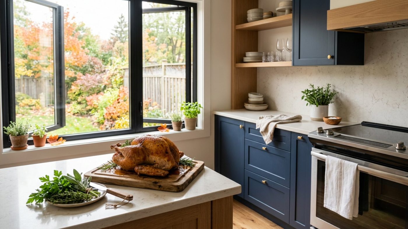 A bright kitchen on Thanksgiving morning, window open to an autumn garden, a roast resting on a board