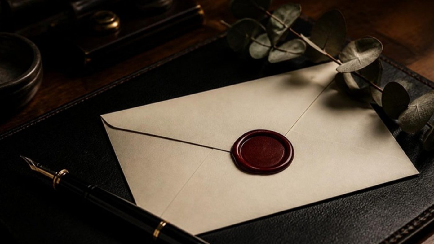 A cream envelope with a wax seal beside a fountain pen