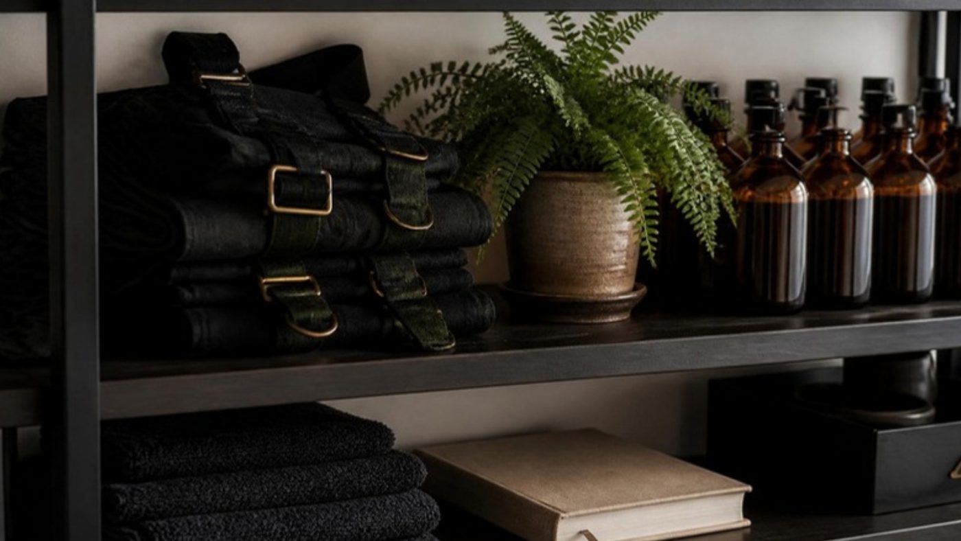 A staff-room shelf with folded black aprons and amber glass bottles