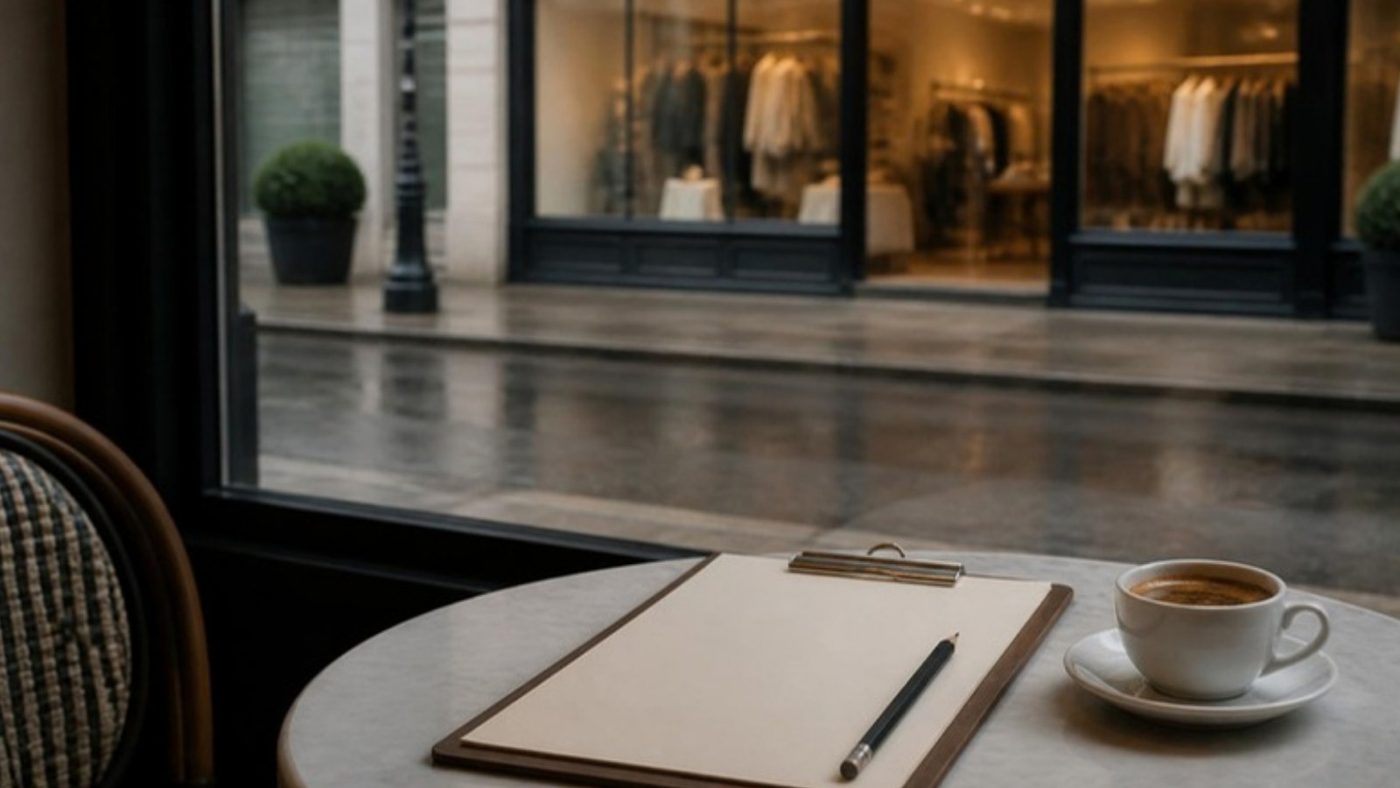 A blank scorecard and espresso at a café window across from a boutique