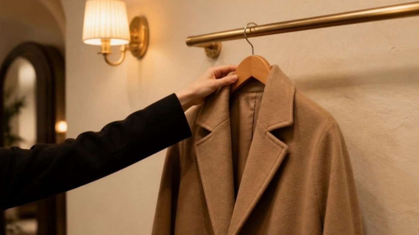 A client's camel coat being hung on a brass rail at a salon entrance