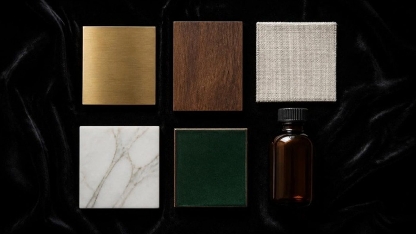 Brand material samples on black velvet: brass, walnut, linen, marble, green tile and an amber bottle