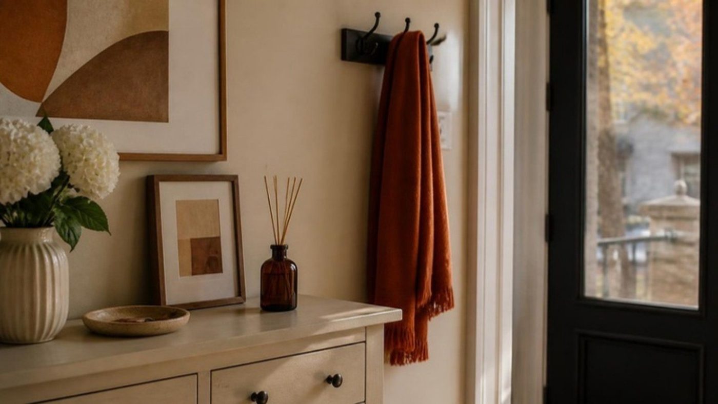 An entryway dresser with white hydrangeas and a reed diffuser in amber glass