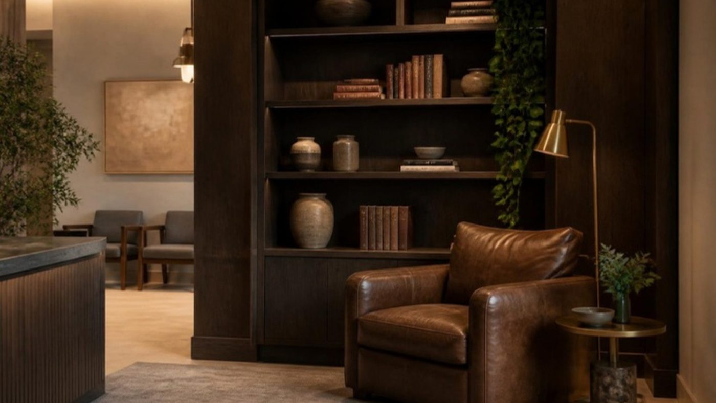 A reading nook with oak shelves, a leather armchair and a brass floor lamp