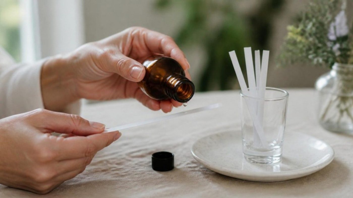 A single drop placed on a white fragrance blotter strip