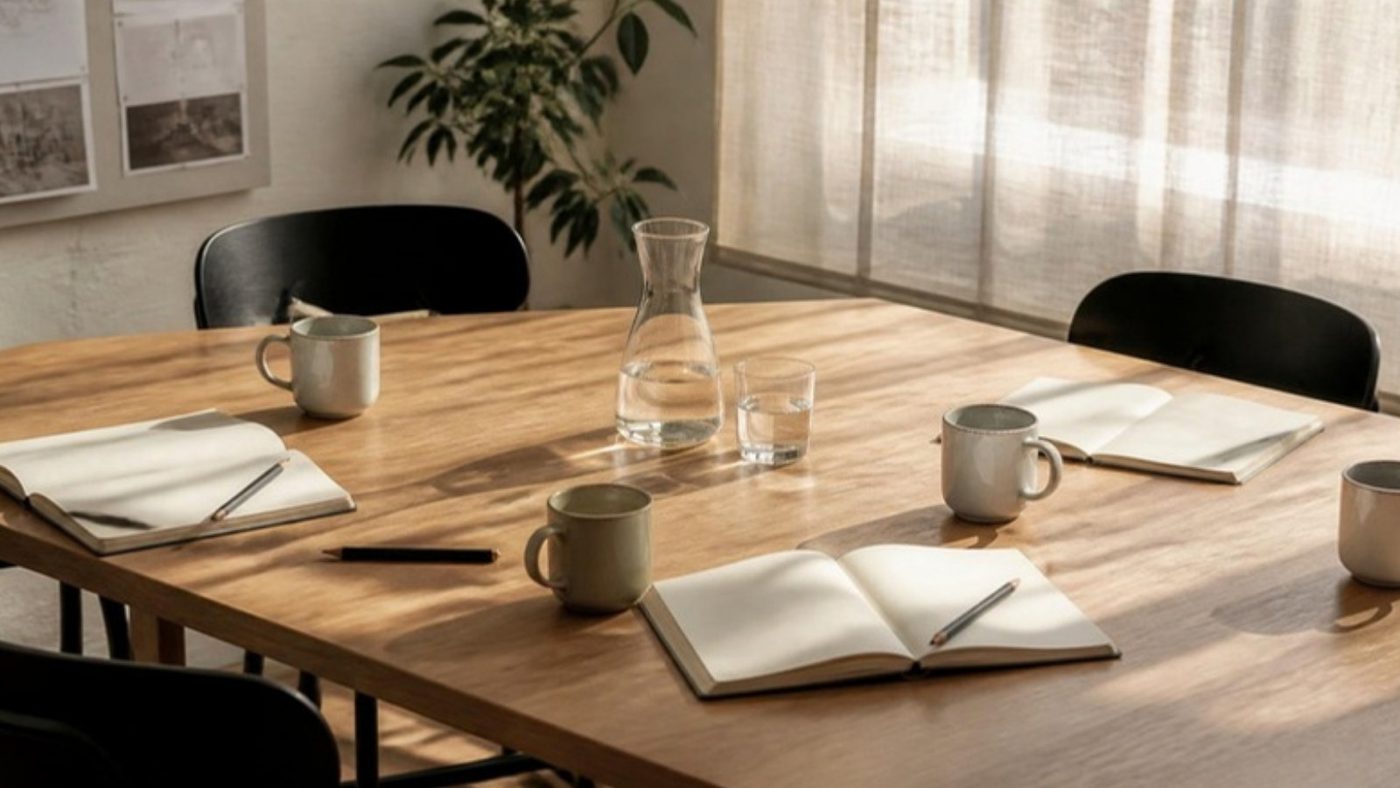 A studio meeting table with coffee cups and open notebooks in morning light