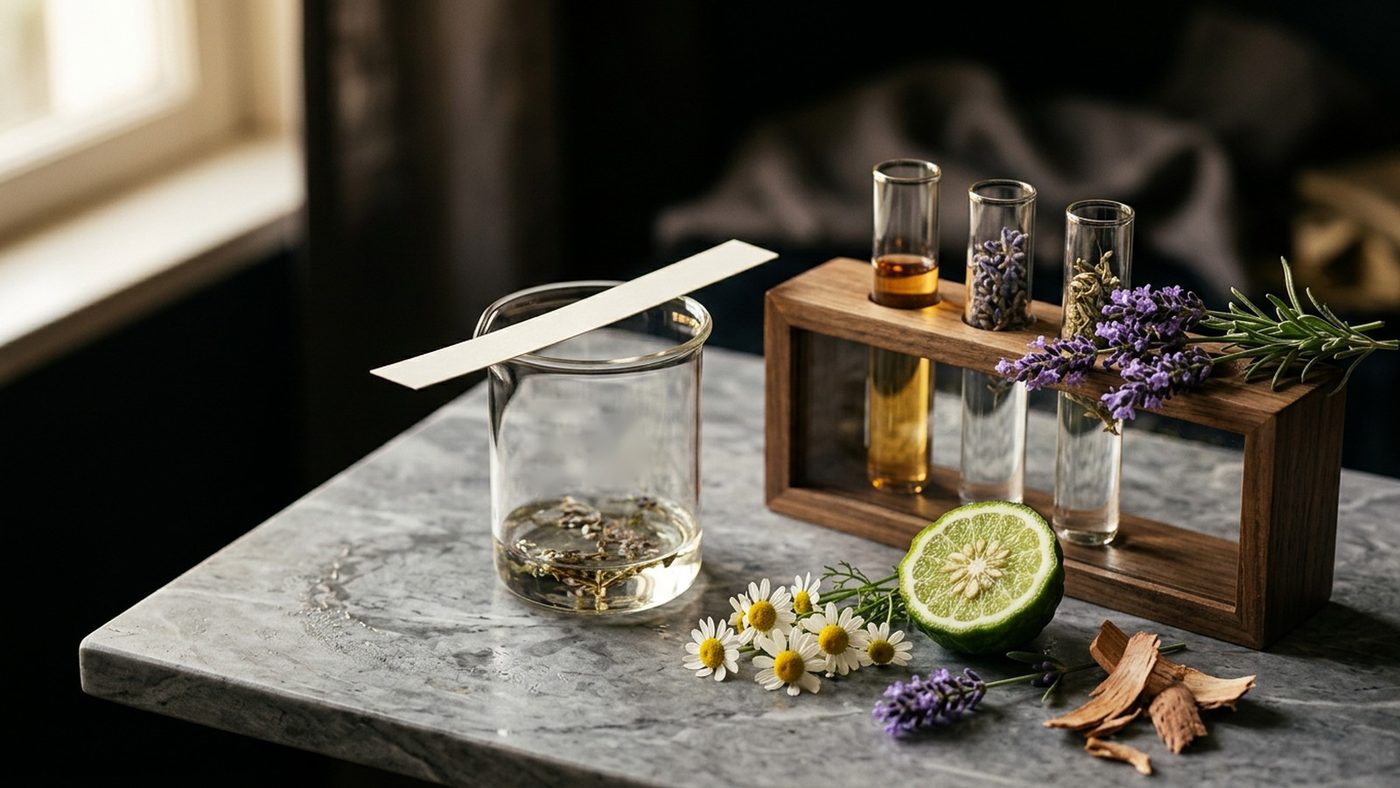 Still life on grey marble of a glass beaker with a blank paper scent strip, test tubes in a wooden rack, fresh lavender, chamomile flowers, a halved bergamot and cedar shavings in warm window light