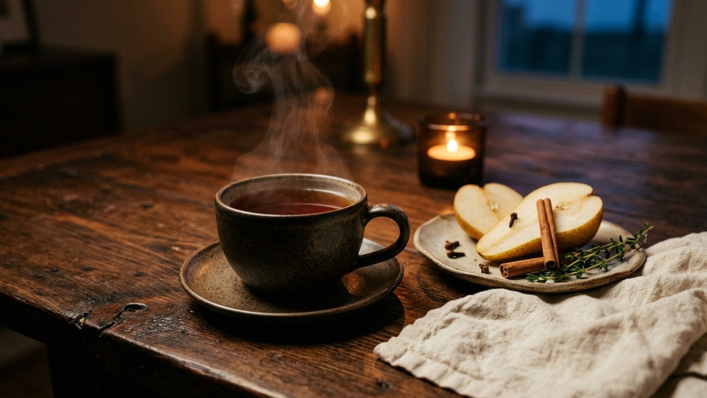 A steaming ceramic cup of tea beside sliced pear, cinnamon sticks, cloves and thyme on a dark wooden table in warm candlelight