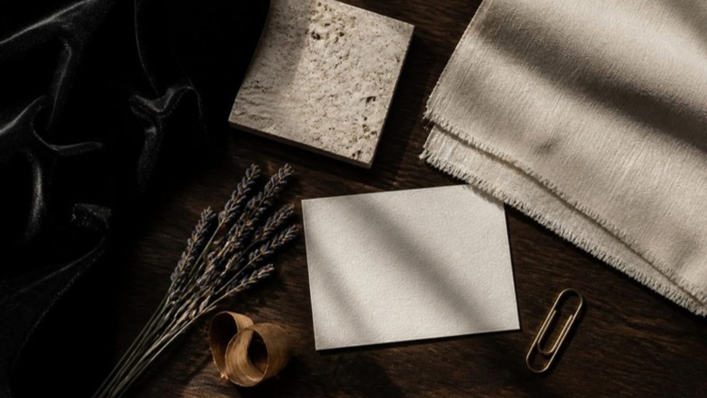 A scent brief laid out on a walnut table: velvet, linen, travertine, dried lavender and cedar
