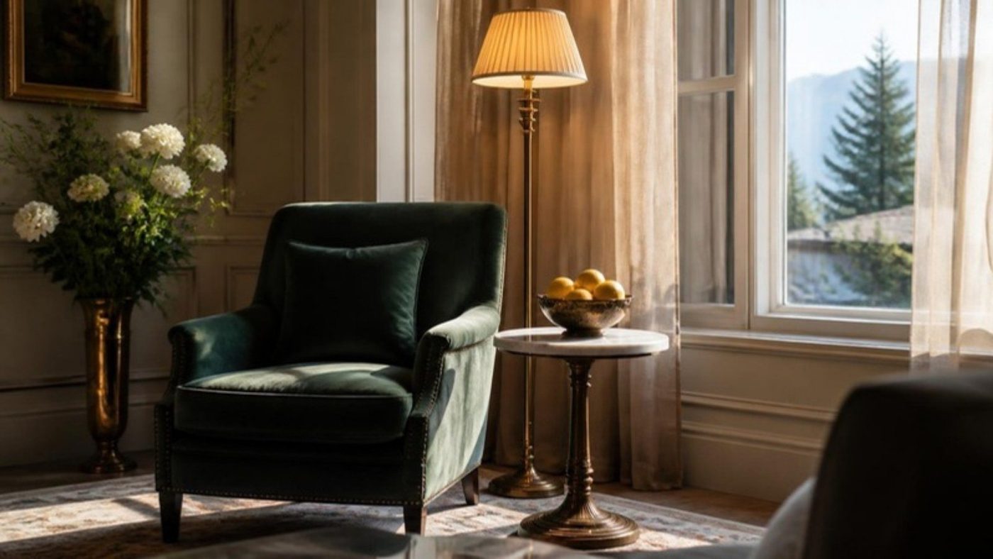 A velvet armchair beside a marble table with a bowl of lemons, morning light through linen