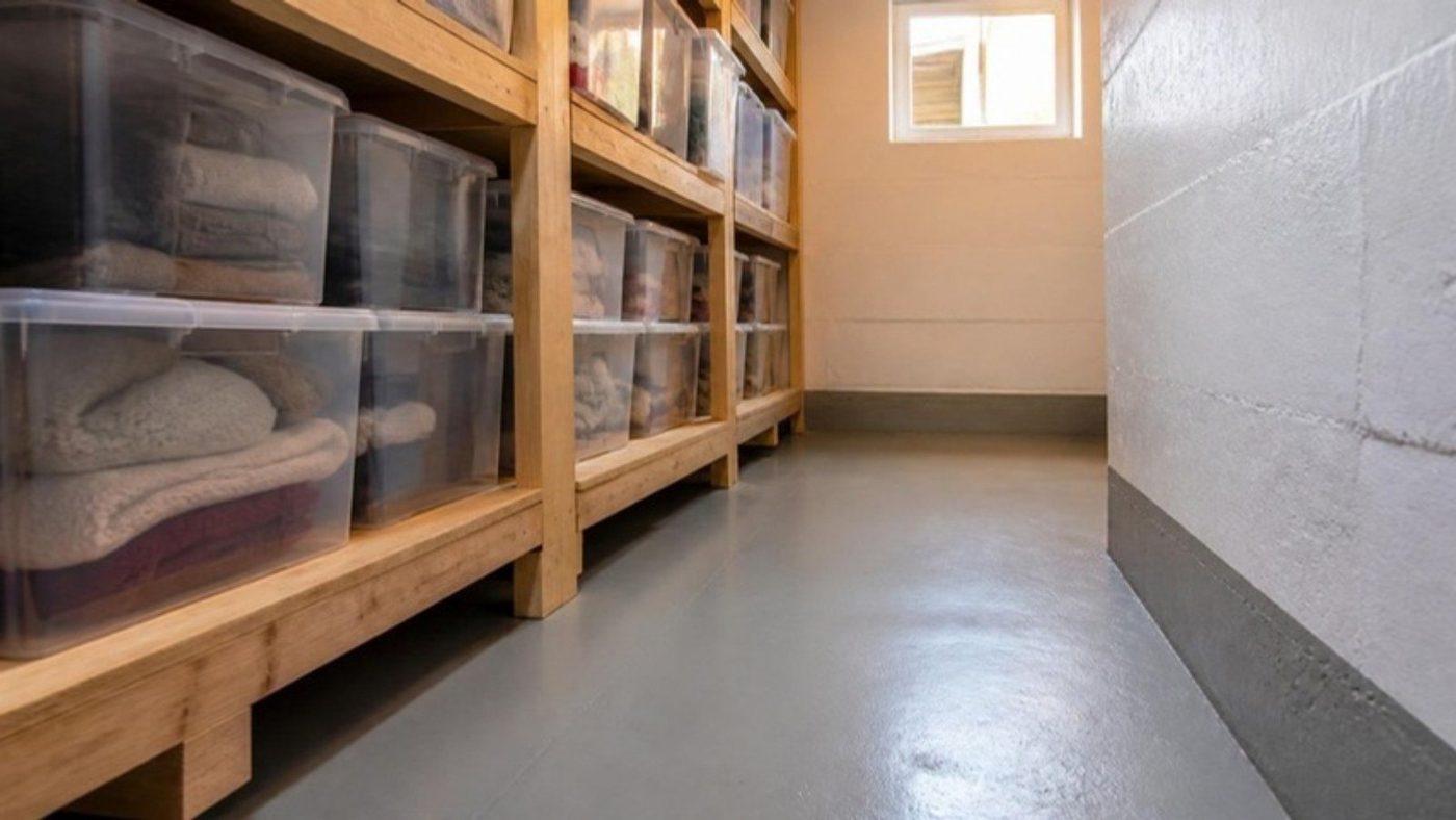 Tidy basement storage on raised wooden shelving, lidded bins kept off the floor