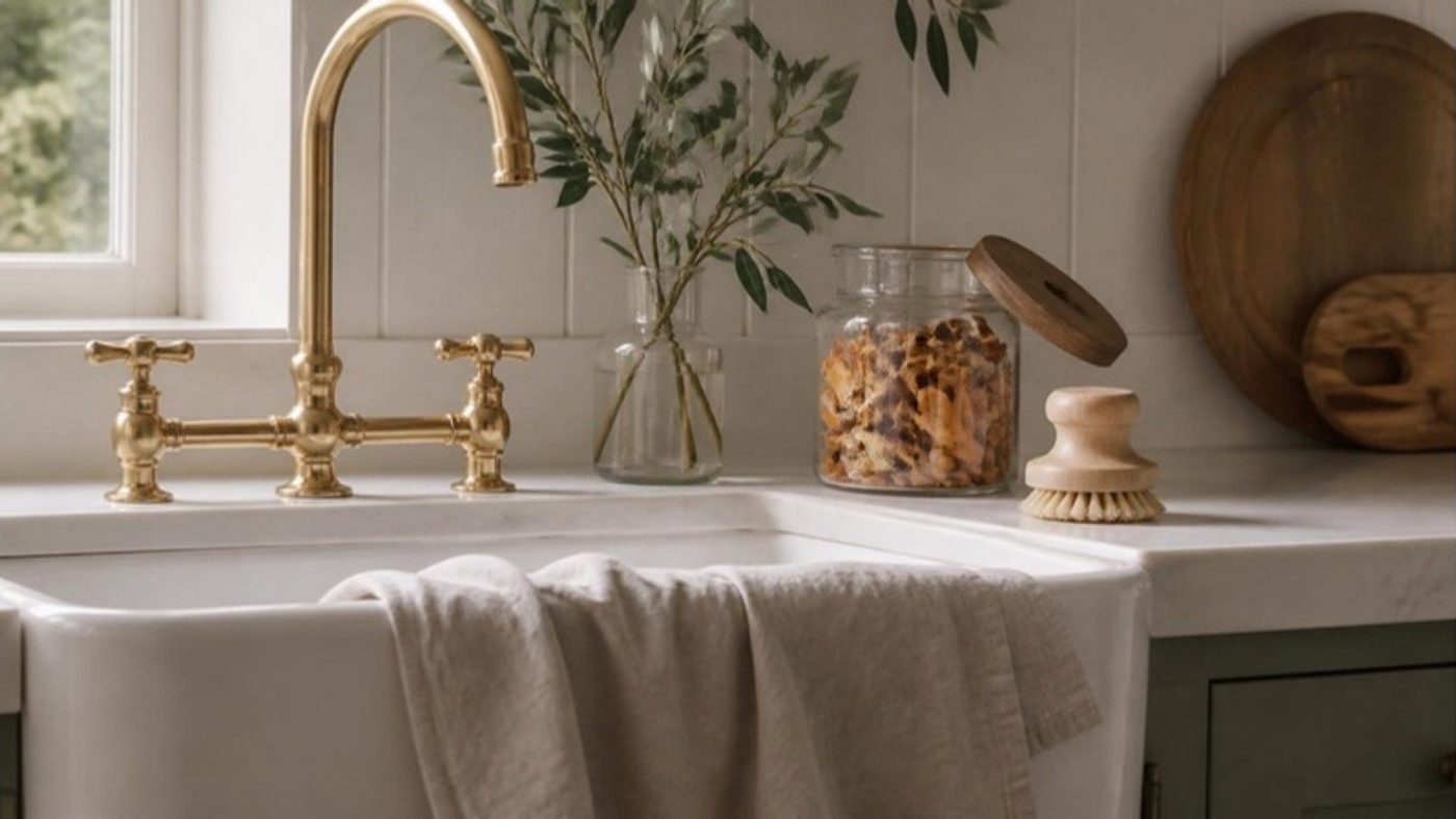A fireclay sink with a brass faucet, a linen towel and a jar of dried citrus peel
