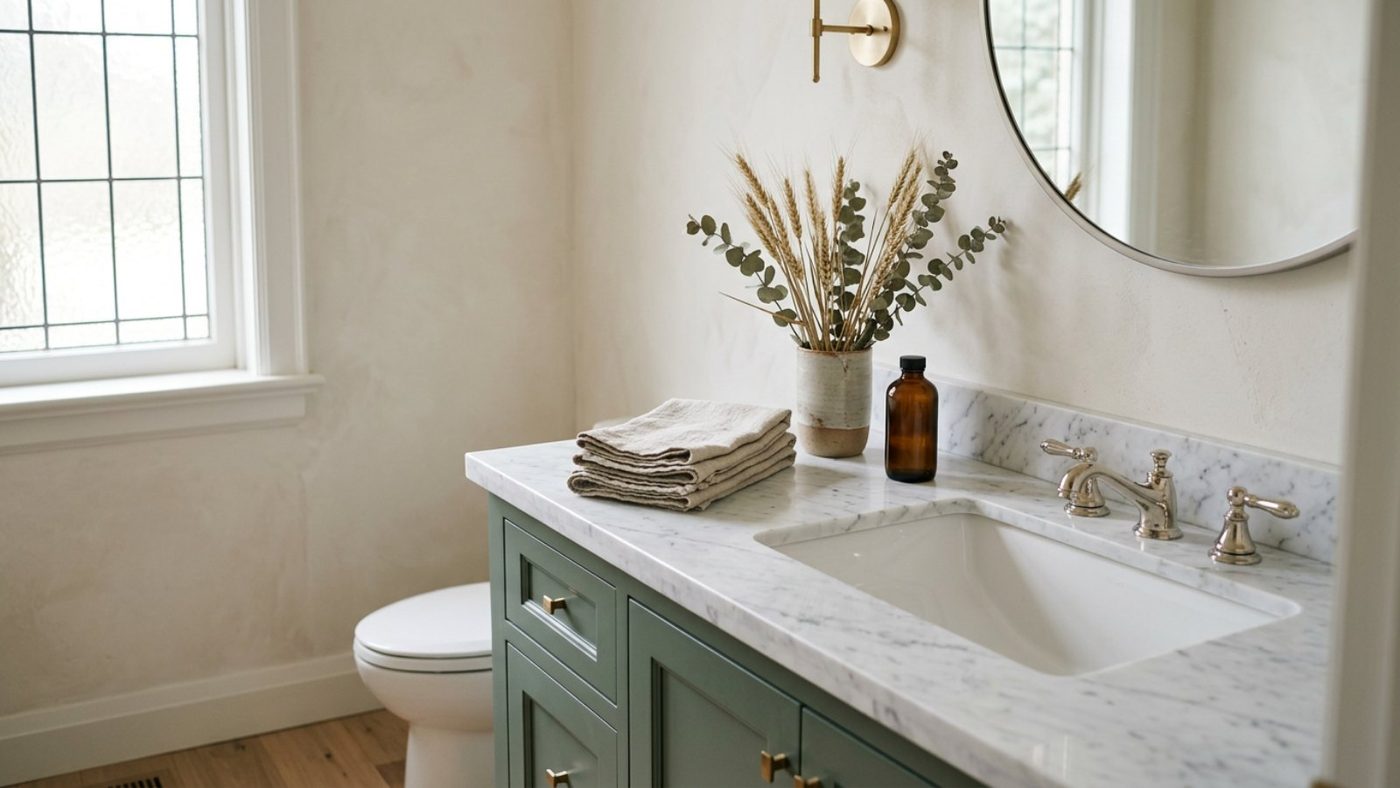 A quiet powder room with a marble vanity, linen hand towels and a small amber bottle